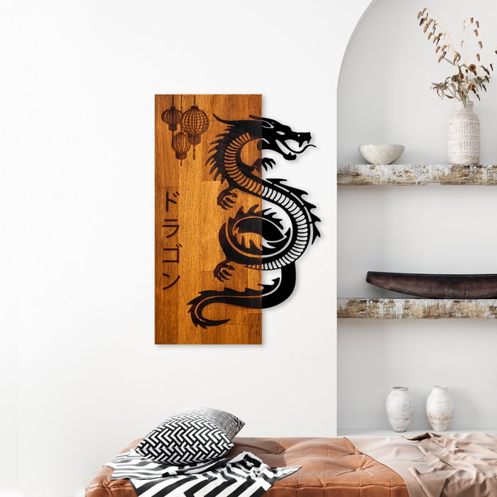 Wallity Dragon Escultura de Pared de Madera y Metal Nogal y Negro